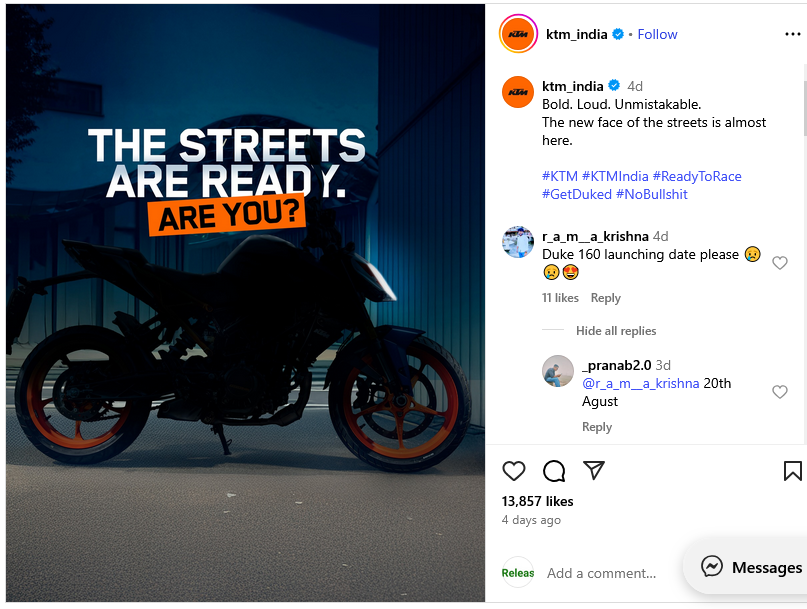 KTM 160 Duke Teased for India: Most Affordable KTM Streetfighter Incoming 2 Screenshot 2025 08 11 at 17 22 29 Instagram